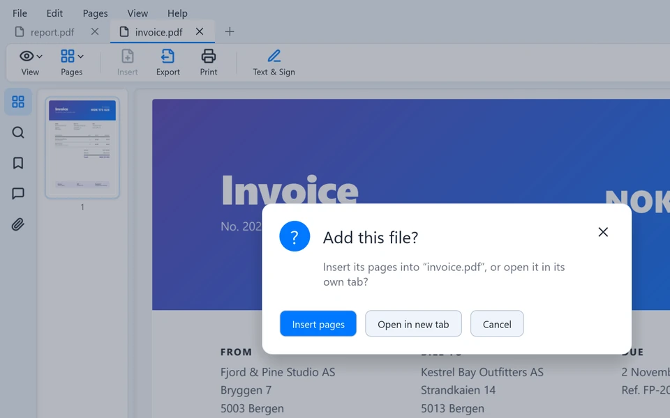 Dropping a file onto a document asks whether to insert its pages