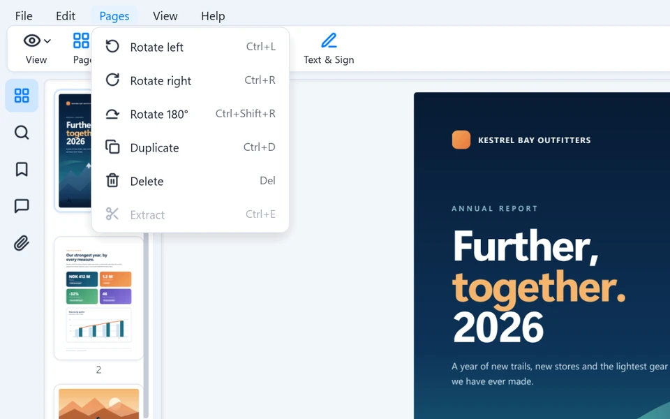 The Pages menu with rotate, duplicate and delete
