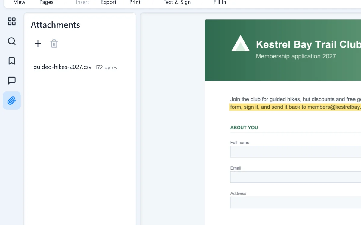 The Attachments panel listing a file embedded in the PDF