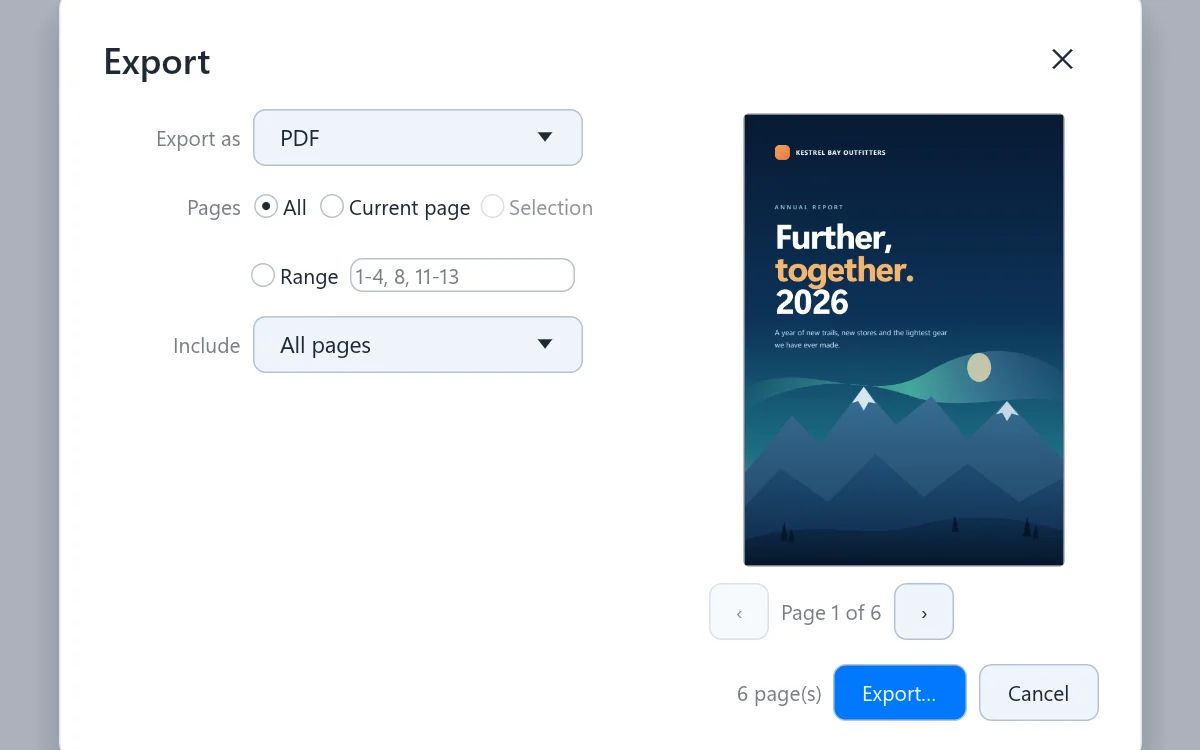 The Export dialog with a page preview