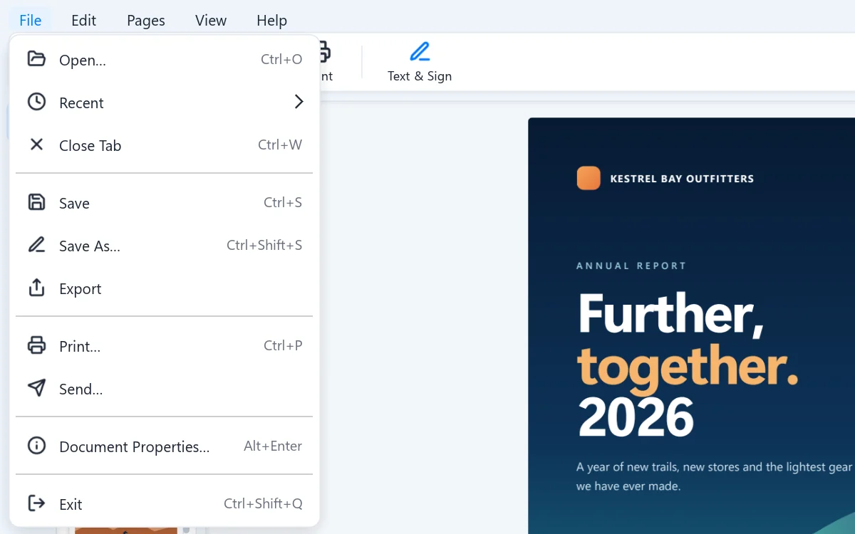 The File menu with Save, Export, Print and Send