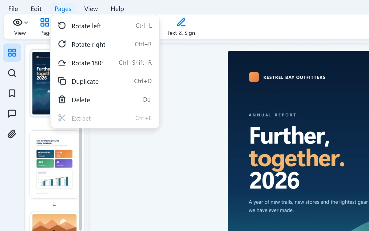 The Pages menu with rotate, duplicate, delete and extract