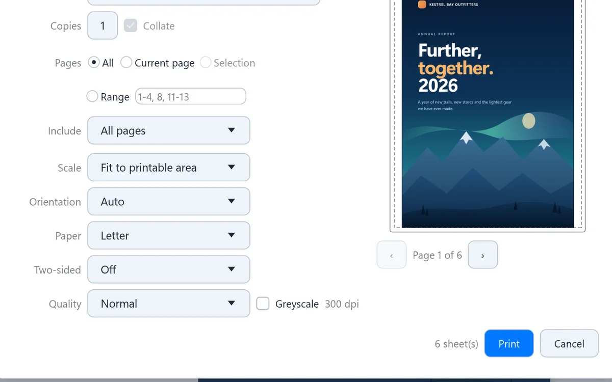 The print dialog with a page preview