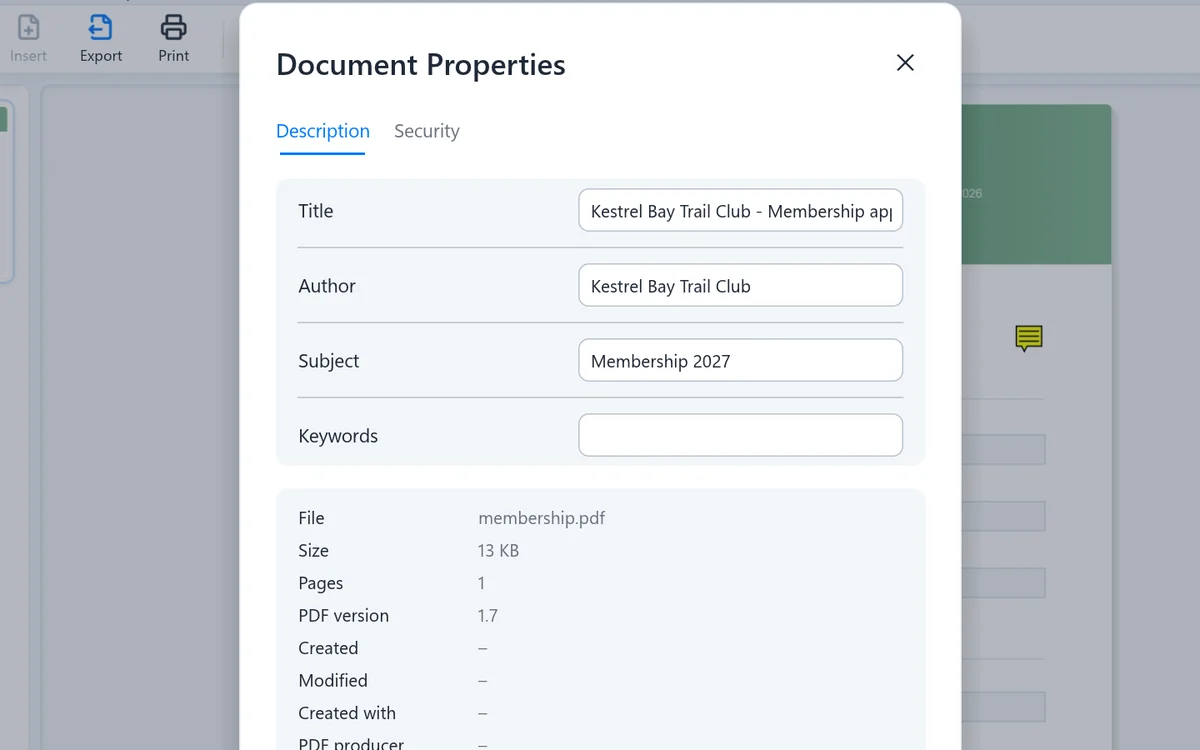 Document Properties with title, author and subject