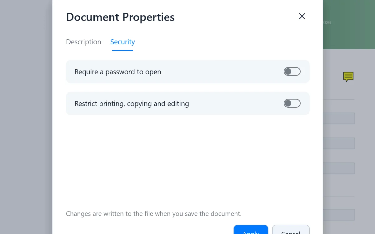 Security settings to require a password and restrict editing