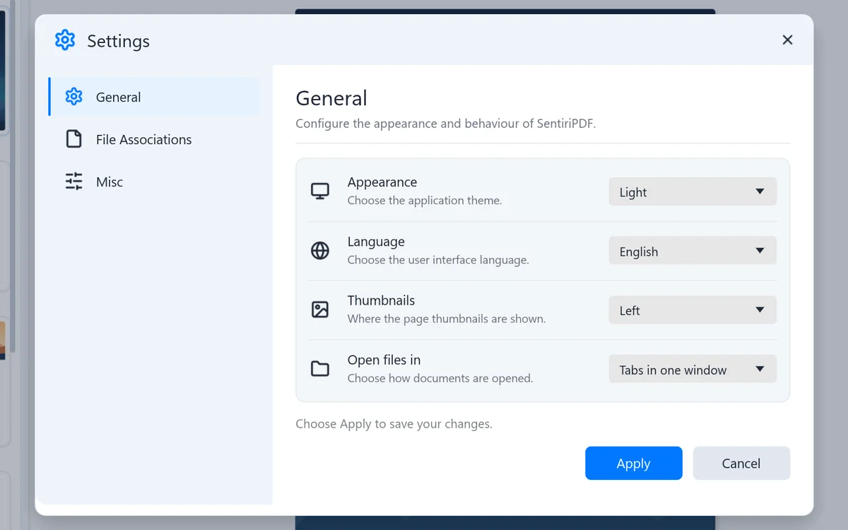 Settings with appearance, language, thumbnails and how files open