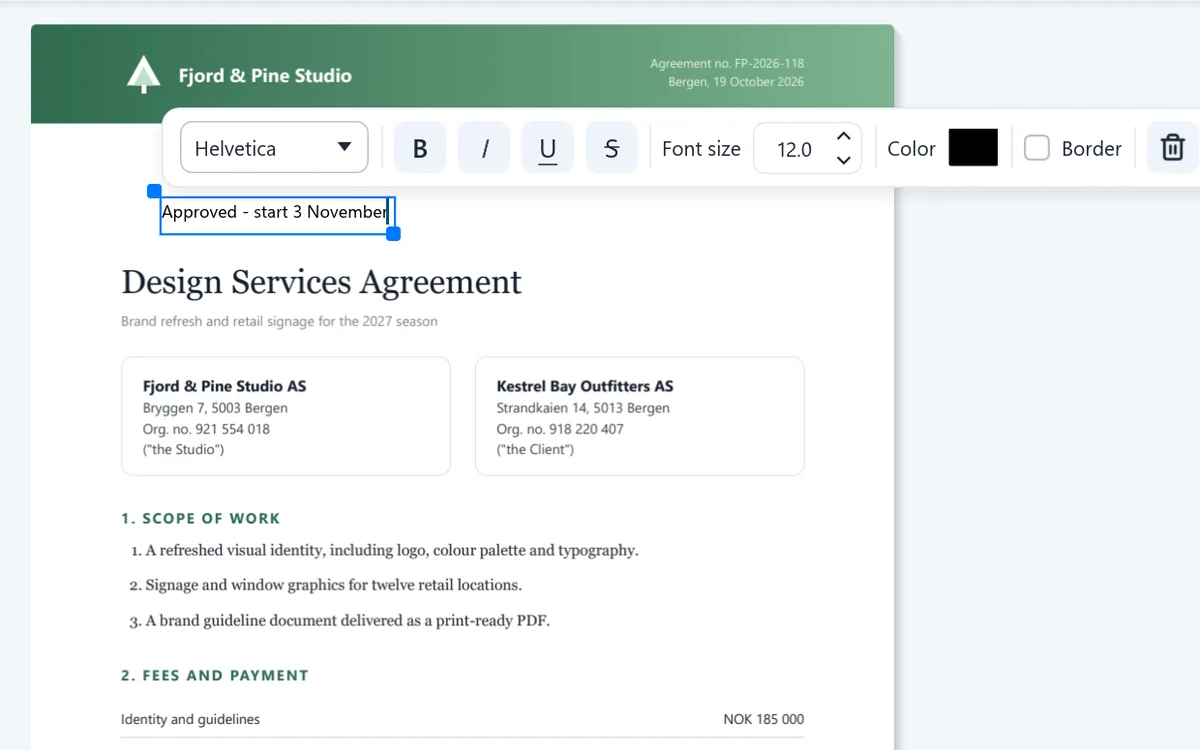 Typing a note on an agreement, with font, size and color controls