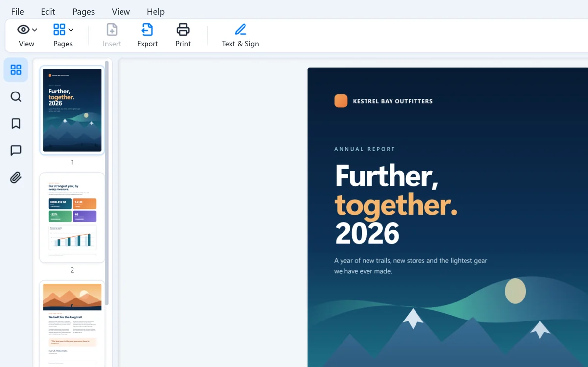 An annual report open, with page thumbnails beside it