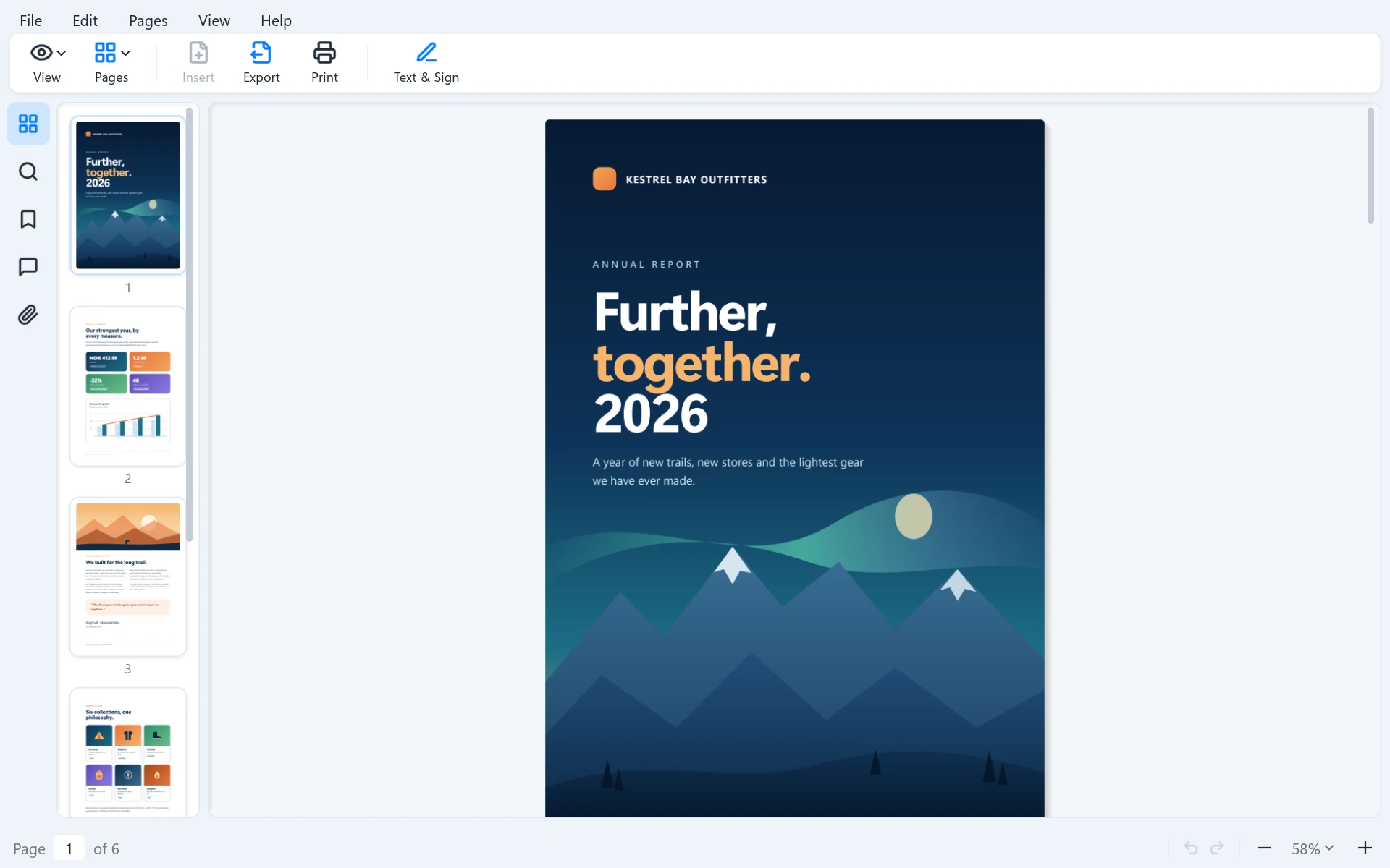 SentiriPDF showing a six-page annual report, with page thumbnails beside it